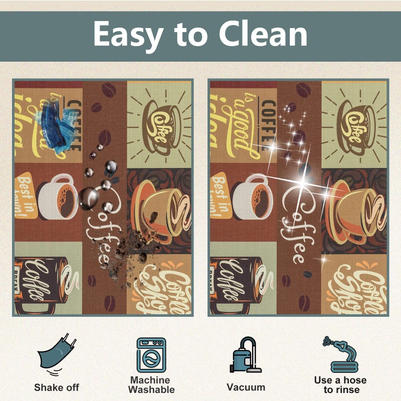 Carvapet 2 Pieces Non-Slip Kitchen Rug TPR Non-Skid Backing Mat for Doorway Bathroom Runner Rug Set, Coffee Design (17"x48"+17"x24") - Image 4
